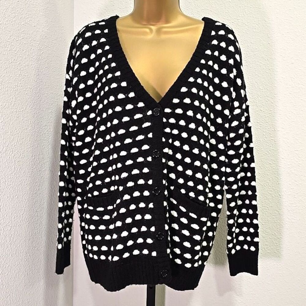 Black White Half Moon Oversized Baggy Chunky Cardigan Sweater M Academia Preppy